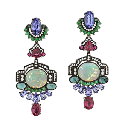 White gold 18k - Opal - Emerald - Tanzanite - Rubelite - Diamond.  One-of-a-kind
