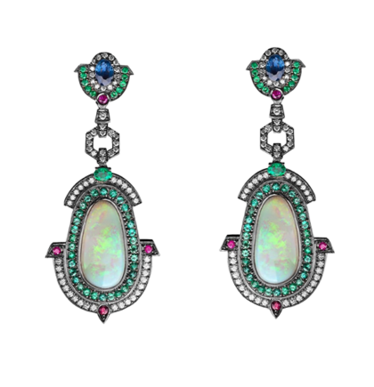 White gold 18k - Opal - Sapphire - Emerald - Rubelte - Diamond.  One-of-a-kind
