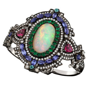 Alter Bracelet in 18K white gold - Ethiopian Opal of 46ct, 4cts of Tanzanites, 2.4ct of Rubilites, 1.46ct of Emeralds, 0.1ct of Paraiba Turmalines, and 3.46ct of Diamonds.