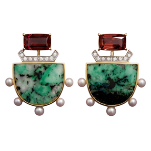 Yellow gold 18k - Rubelite - Emerald - Pearl - Diamond.  One-of-a-kind