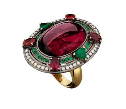Yellow gold 18k - Rubelite -Emerald - Diamond