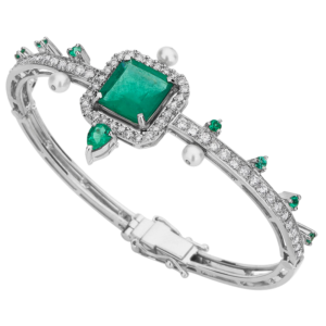 White gold 18k -  Emerald - Diamond - Pearl