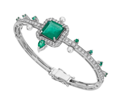 White gold 18k -  Emerald - Diamond - Pearl