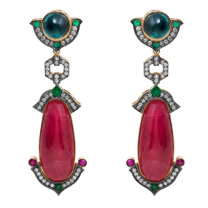 White gold 18k - Rodonite - Indicolite - Emerald - Diamond.  One-of-a-kind